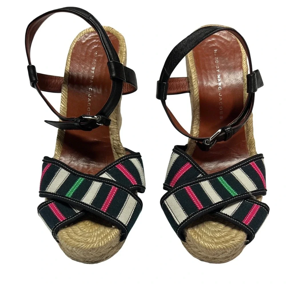 Marc by‎ Marc Jacobs Espadrille Wedge Sandals Striped Canvas 38 EUC